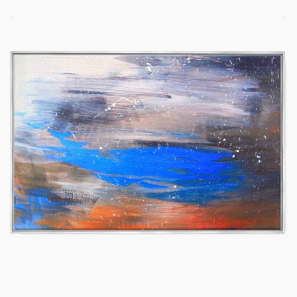 Tablou canvas cu pictura abstracta cu pete albastre, in rama de aluminiu argintiu